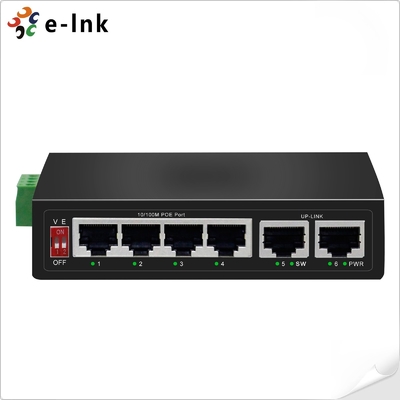 DC48V Industrial PoE Switch 4 Port 10 100BASE-T PoE To 2-Port 100BASE-T Uplink 250m